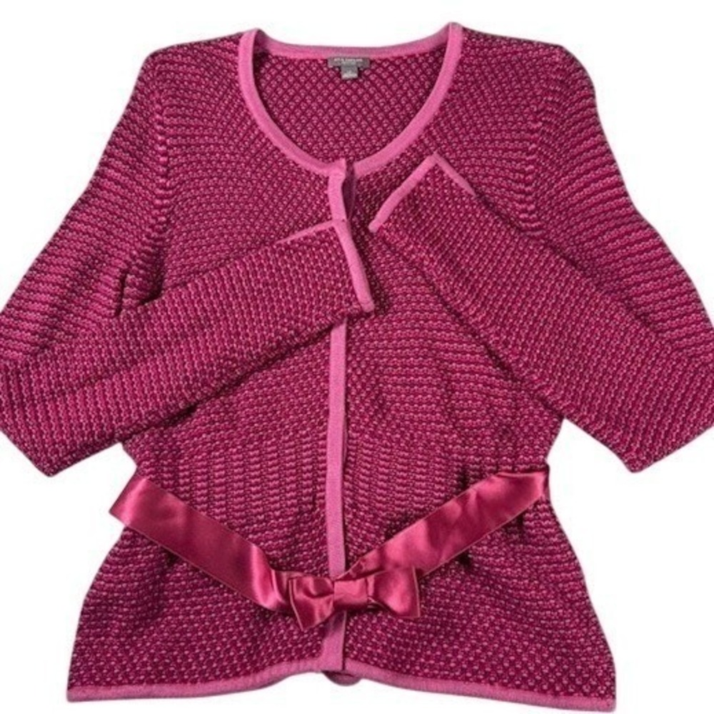 Ann Taylor Cardigan Womens LP Pink Petites Satin Bow Belt Angora Cashmere Blend